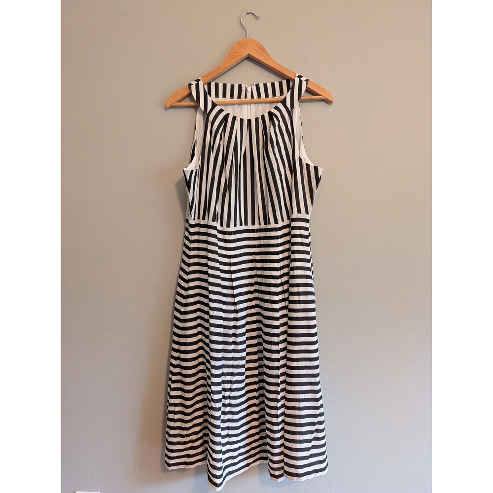 Kasper Black White Striped Sleeveless Linen Blend Midi Dress Pleated Neck